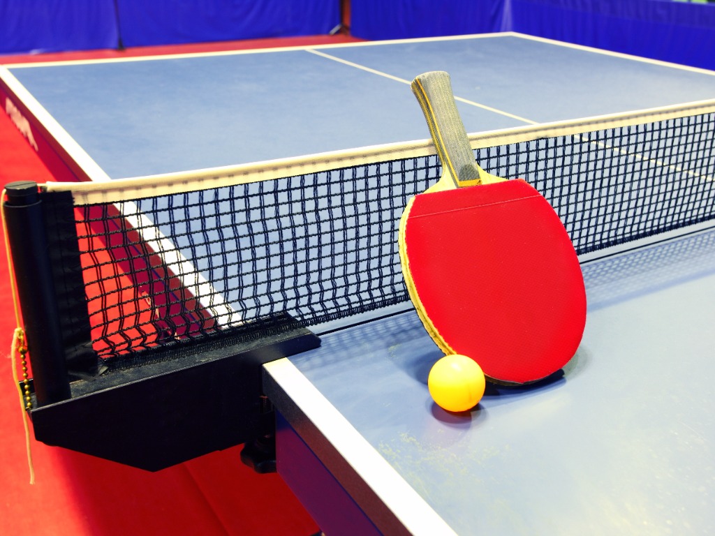 mesa de ping pong con pala y pelota y red
